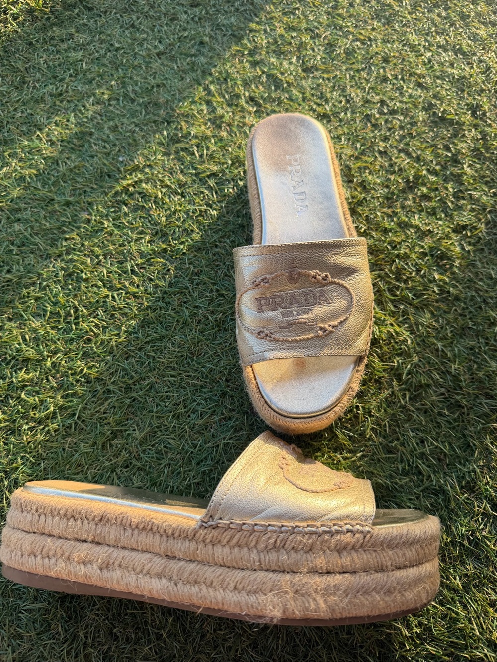 Prada Metallic Gold Slides Wedges Sandals Espadrilles - Picture 2 of 6